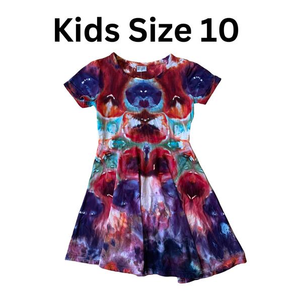 Girls Ice Dyed Skater Dress - Tie Dye Mandala Dark Hand-dyed (Kid's Size 10) - Picture 3 of 10